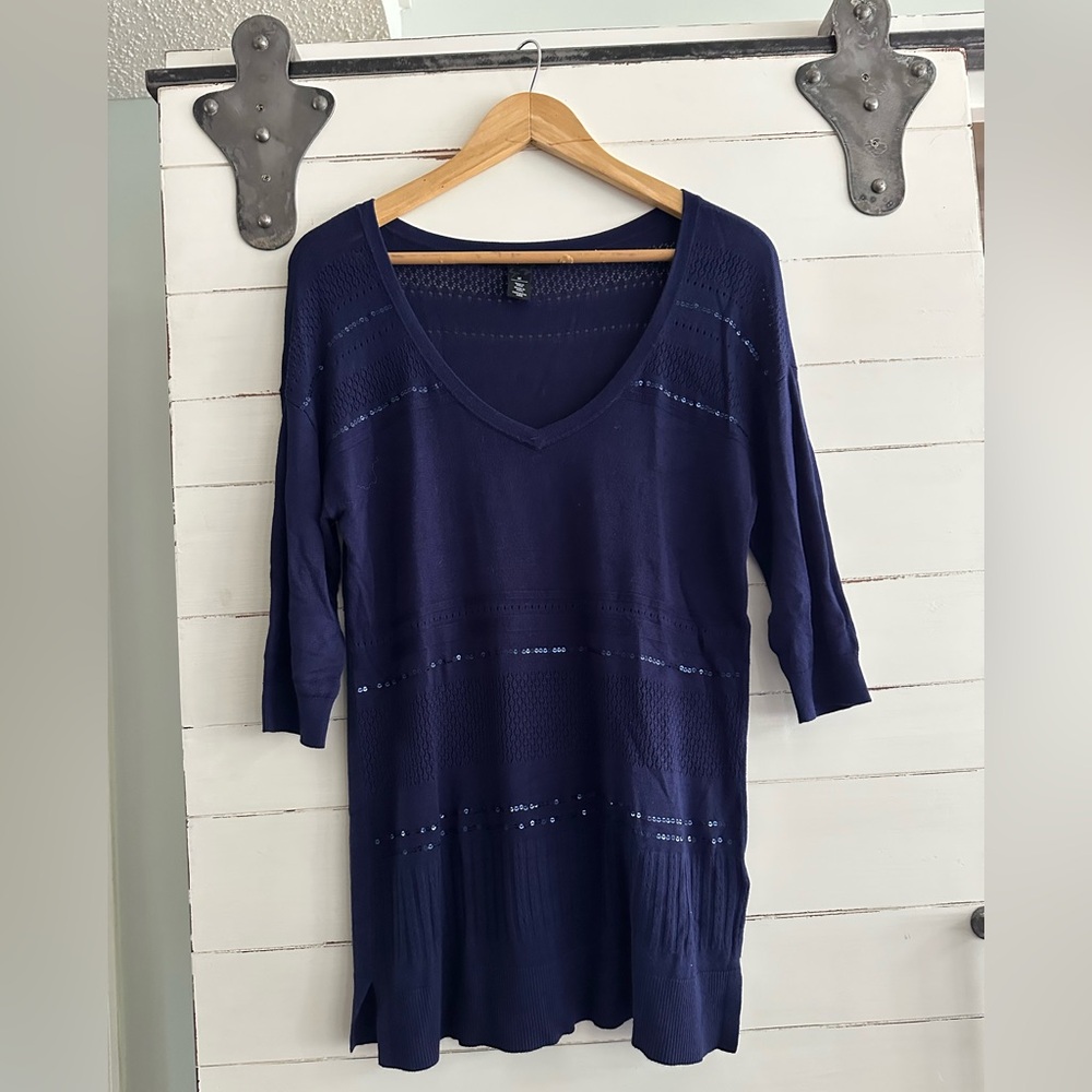 White House Black Market Navy V-Neck Holiday Sweater
